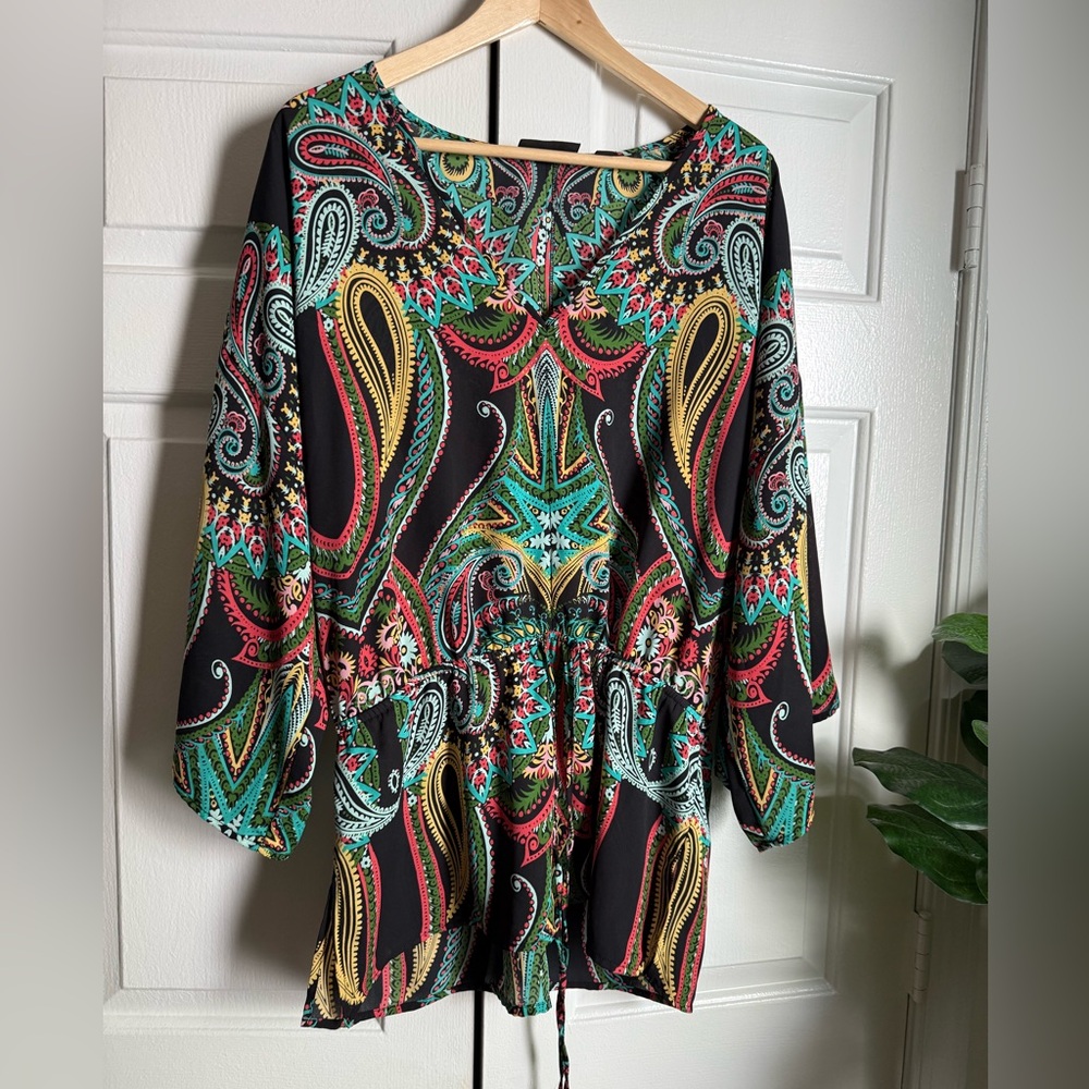 7th Avenue Paisley Print Tunic Top Sz L Boho Hippie Artsy Flowy Fairy